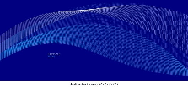 Dark blue abstract background, vector wave of flowing particles, curvy lines of dots in motion, technology and science theme, airy and ease futuristic illustration.