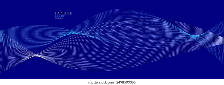 Dark blue abstract background, vector wave of flowing particles, curvy lines of dots in motion, technology and science theme, airy and ease futuristic illustration.