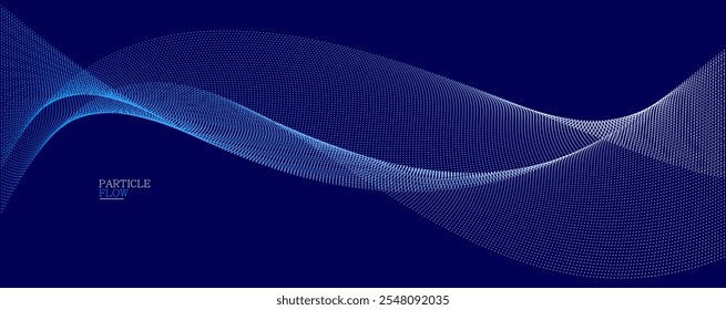 Fundo abstrato azul escuro, onda vetorial de partículas fluindo, linhas curvas de pontos em movimento, tecnologia e tema de ciência, arejado e facilitar ilustração futurista.