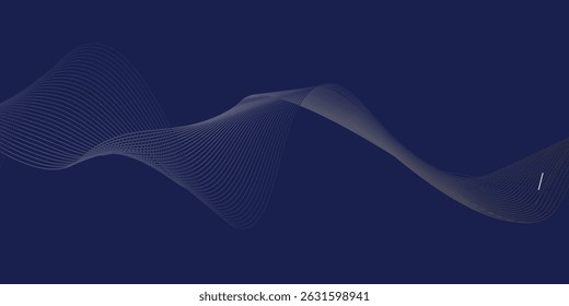 Dark blue abstract background, vector waves of flowing particles, curved lines of moving dots, technology and science theme, airy and easy futuristic.vector