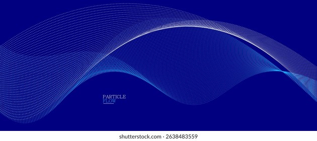Dark blue abstract background, vector wave of flowing particles, curvy lines of dots in motion, technology and science theme, airy and ease futuristic illustration.