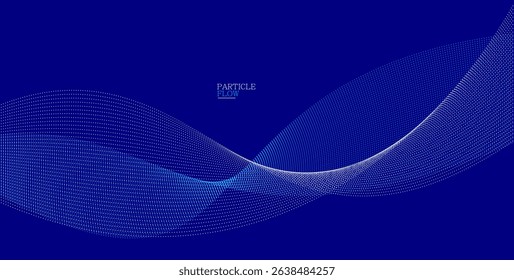 Dark blue abstract background, vector wave of flowing particles, curvy lines of dots in motion, technology and science theme, airy and ease futuristic illustration.