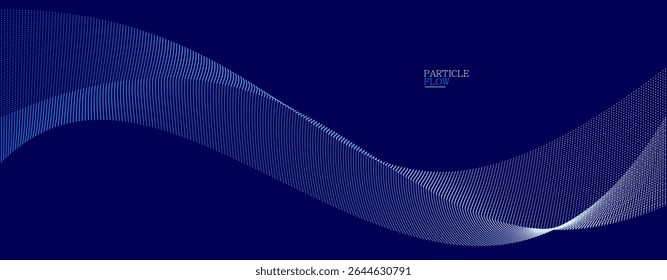 Fundo abstrato azul escuro, onda vetorial de partículas fluindo, linhas curvas de pontos em movimento, tecnologia e tema de ciência, arejado e facilitar ilustração futurista.
