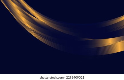 Dark blue abstract background with wavy gold lines pattern.