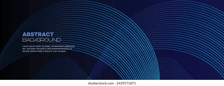 Fondo abstracto de la bandera azul oscuro con líneas de círculos geométricos brillantes. Moderno patrón de líneas brillantes de gradiente azul marino y fondo web de tecnología futurista para folleto, cubierta, póster, encabezado