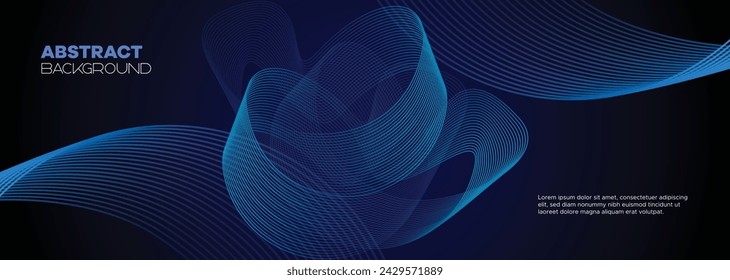 Fondo abstracto de la bandera azul oscuro con líneas de círculos geométricos brillantes. Moderno patrón de líneas brillantes de gradiente azul marino y fondo web de tecnología futurista para folleto, cubierta, póster, encabezado