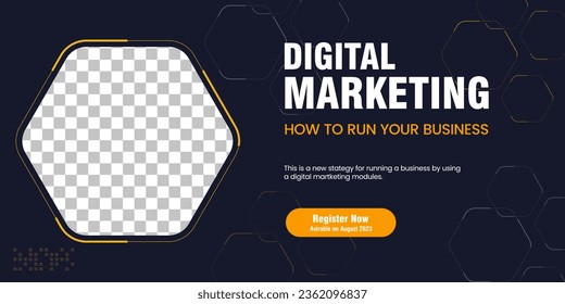 A Dark blue abstract banner with Hexagon shapes water mark, used for Business webinar horizontal banner template design. Digital marketing banner concept design