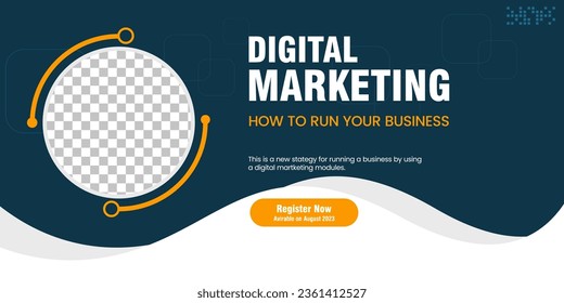 Dark blue abstract banner used for Business webinar horizontal banner template design. Digital marketing banner concept template