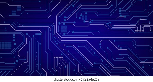 Fondo de placa de circuito abstracto azul oscuro con líneas digitales brillantes y diseño de tecnología moderna. Placa base de computadora con chips, procesadores y semiconductores.