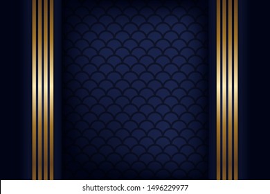 Dark blue abstract concept polygonal tech background. Vector digital art design. gold line stripped. half circle japanese pattern. 
