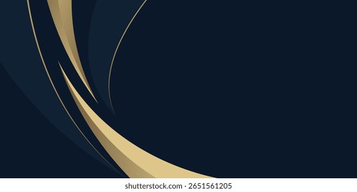 Fondo de curva abstracta azul oscuro con líneas doradas brillantes. Plantilla de estilo lujoso y elegante. Moderno Patrón geométrico simple. Traje para el cartel, publicidad, Anuncio, Sitio web. Ilustración vectorial