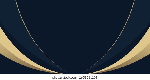 Fundo de curva abstrata azul escuro com linhas douradas brilhantes. Modelo de estilo elegante e luxuoso. Padrão geométrico simples moderno. Terno para cartaz, publicidade, banner, site. Ilustração vetorial