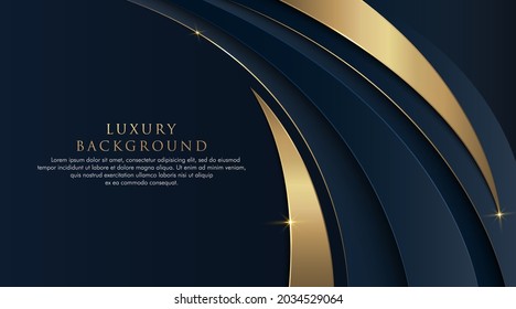 Dark blue abstract curve shape background with glitter golden lines. Luxury and elegant style template design. Modern simple geometric pattern element. Suit for cover, poster, brochure, banner