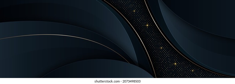 Fondo de forma de curva abstracta azul oscuro con puntos y líneas dorados brillantes. El lujo y la elegancia de las capas se solapan con elementos de decoración en la sombra. Diseño moderno y sencillo. Ilustración del vector