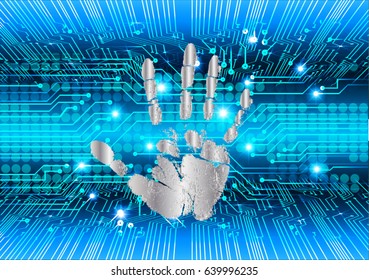 dark blue Abstract digital conceptual technology security background with lock. computer website internet. infographics. Hand print