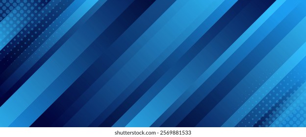 Dark blue abstract dynamic banner background with halftones. Gradient diagonal stripes. Modern futuristic template banner for sales, ads, events, web, pages, and headers