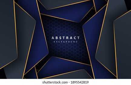 Dark blue abstract hexagon background with gold line gradient shapes. Design template for banner, posters, cover,etc.