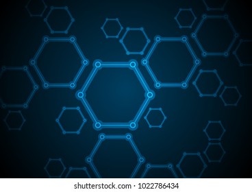 Dark blue abstract hexagon molecules tech background. Vector design