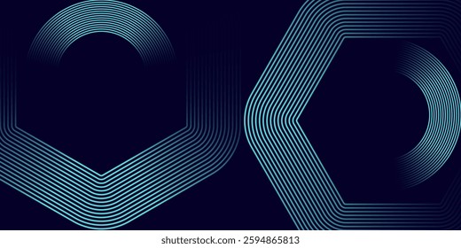 dark blue abstract horizontal background with glowing geometric lines. Shiny blue diagonal rounded lines pattern banner templet