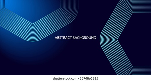 dark blue abstract horizontal background with glowing geometric lines. Shiny blue diagonal rounded lines pattern banner templet
