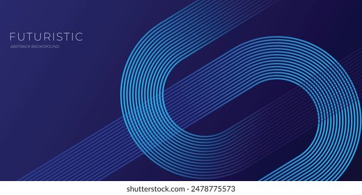 Dark blue abstract horizontal banner background with glowing geometric lines. Shiny blue diagonal rounded lines pattern.