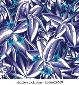 dunkelblaue abstrakte Blätter monochromatische Farbstil tropischen nahtlosen Muster modisch auf dunklem Hintergrund mit Blumen Pflanzenzeichnung. exotischer Sommer. tropischer Hintergrund. exotische Tropen