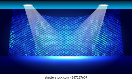 Dark blue Abstract light lamps background for Technology computer graphic website internet and business.. Screen on stage. Vector illustration.Spot Effect. neon. point, platform, Spotlights