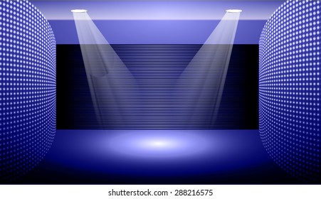 Dark blue Abstract light lamps background for Technology computer graphic website internet and business.. Screen on stage. Vector illustration.Spot Effect. neon. point, platform, Spotlights
