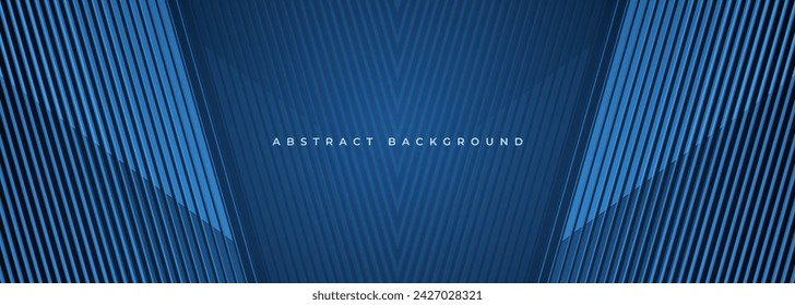 Dark blue abstract modern background with blue 3D stripes. Futuristic technology concept banner design. Vector illustration horizontal corporate wide background with geometric lines pattern.