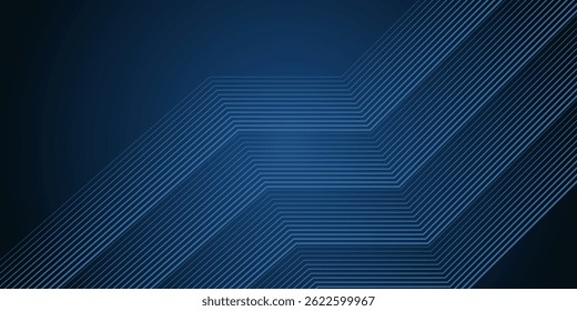 Dark blue abstract modern background with blue glowing stripes. Futuristic technology concept banner design. Vector illustration horizontal wide background with geometric lines pattern.