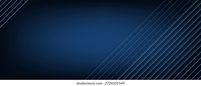 Fondo moderno abstracto azul oscuro con rayas brillantes azules. Diseño de Anuncio de concepto de tecnología futurista. Fondo ancho Horizontal de Ilustración vectorial con patrón de líneas geométricas.