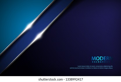 Dark blue abstract overlap layers background. Texture with silver list and sparkle of light decoration. Realistic backdrop. 3D effect.