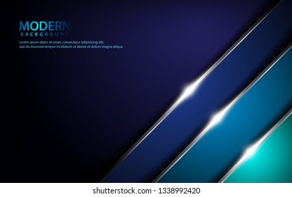 Dark blue abstract overlap layers background. Texture with silver list and sparkle of light decoration. Realistic backdrop. 3D effect.