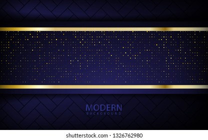 Dark blue abstract realistic background. Overlap layer with golden list and glitters on pattern background. 3D backdrop. vector illustration.
