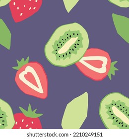 Dark blue abstract seamless pattern with strawberry and kiwi in flat style. Vector wallpaper on a white background. Perfect for textiles or surface design