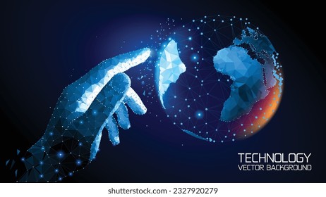 Dark blue abstract technology background. Vector. Polygonal image. A virtual human hand touches the Planet Earth with a finger. Wireframe plexus image of planet map.Virtual reality.