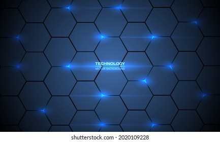 Dark blue abstract technology hexagonal vector background. Blue bright energy flashes under hexagon in futuristic modern technology background vector illustration. Dark blue honeycomb texture grid.