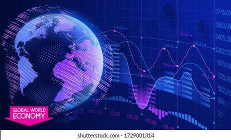 Fondo vector abstracto azul oscuro. Crisis económica mundial. Precios de los productos petroleros. Planeta Tierra sobre el trasfondo de un marcador con indicadores de índices comerciales en las bolsas de valores. El petróleo se derrite. 