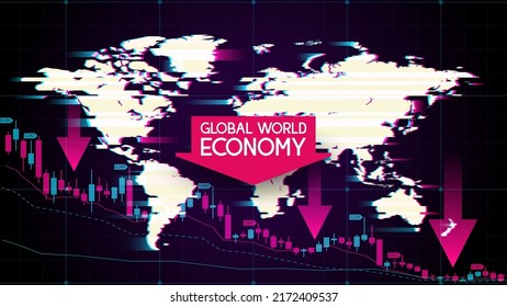 Fondo vector abstracto azul oscuro. Efecto Glitch. Crisis económica mundial. Mapa esquemático del planeta Tierra. Infografía de las operaciones en el mercado de valores. Precios de los productos petroleros. Gráficas de forex con velas. 