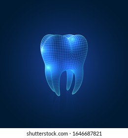 Dark Blue Abstract Vector Wireframe Polygonal Mesh Tooth With Reflection, Three-Quarter Front Angle View