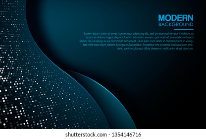 Dark blue abstract wave background. Realistic blue overlap layer with silver glitters on dark background decoration. Modern backdrop. Can use for web and print.