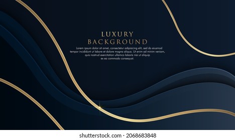 Dark Blue Abstract Wave Background With Glitter Golden Lines. Luxury And Elegant Style Template Design. Modern Simple Overlap Wave Layers Elements With Shadow Decoration. Vector Illustration