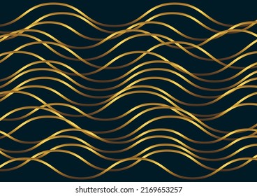 Fondo de onda abstracta azul oscuro con líneas doradas brillantes. Diseño de plantilla de lujo y elegante estilo. Elementos modernos y simples de capas de ondas de solapamiento. Ilustración del vector