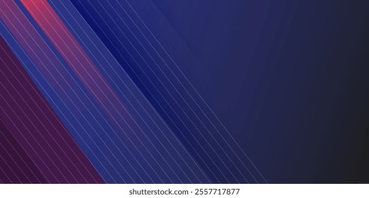 Dark blue abstract wide background with red light line stripes decoration. Modern tech corporate concept background design