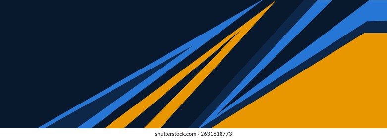 Dark blue abstract wide banner with yellow and blue lines on blank space. Dark sporty modern bright futuristic abstract wide background. Vector illustration EPS10.