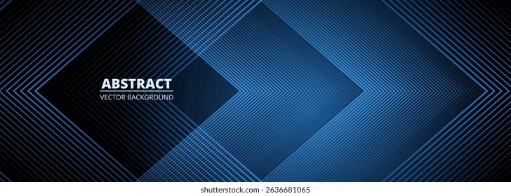 Dark blue abstract wide banner with glowing rhombus geometric stripes. Futuristic technology concept background design. Vector illustration