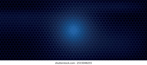 Dark blue abstract wide horizontal banner with hexagonal carbon fiber grid and glowing blue stripes. Technology vector background with blue neon stripes