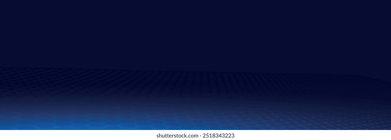 Anuncio Horizontal ancho abstracto azul oscuro con rejilla hexagonal de fibra de carbono y rayas azules brillantes. Fondo de Vector de Tecnología con rayas de neón azul