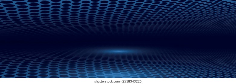 Dark blue abstract wide horizontal banner with hexagonal carbon fiber grid and glowing blue stripes. Technology vector background with blue neon stripes