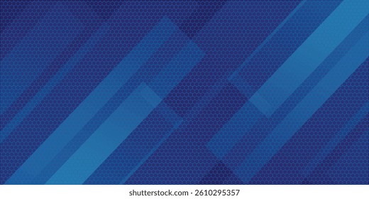 Dark blue abstract wide horizontal banner with hexagon carbon fiber grid and gray luminous lines for banner